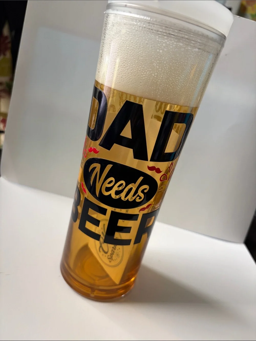 Dad Needs Beer 24 oz Faux Beer Flip Straw Tumbler